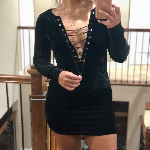 Dresses & Skirts - Black Velvet lace up mini dress